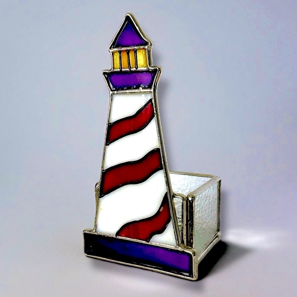 Stained Glass Lighthouse Candle Holder Glass Art Decor Purple Red Yellow 6”